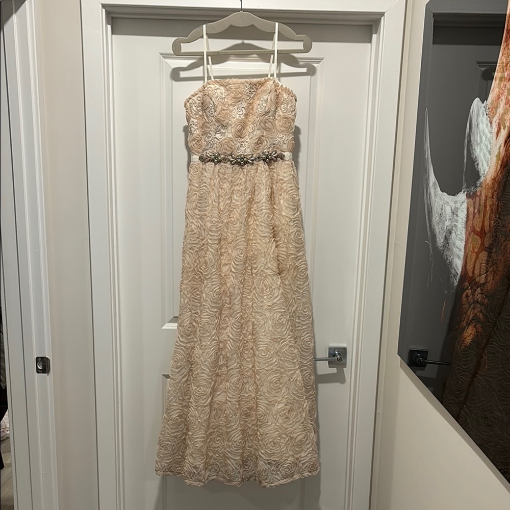 Adrianna Papell- Strapless Cream Dress with Floral Design and Beading Detail